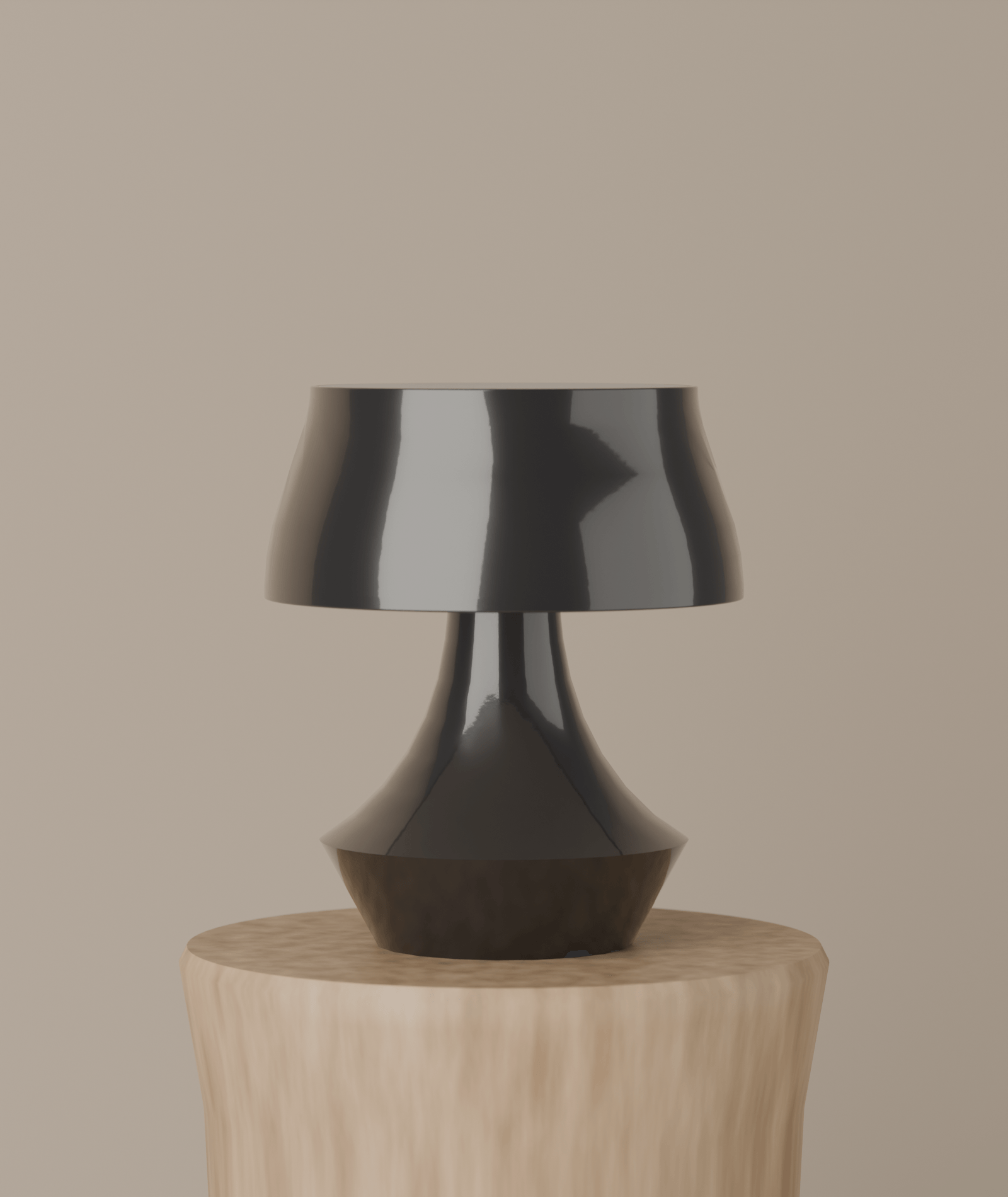 Black table lamp in a warm studio setting.