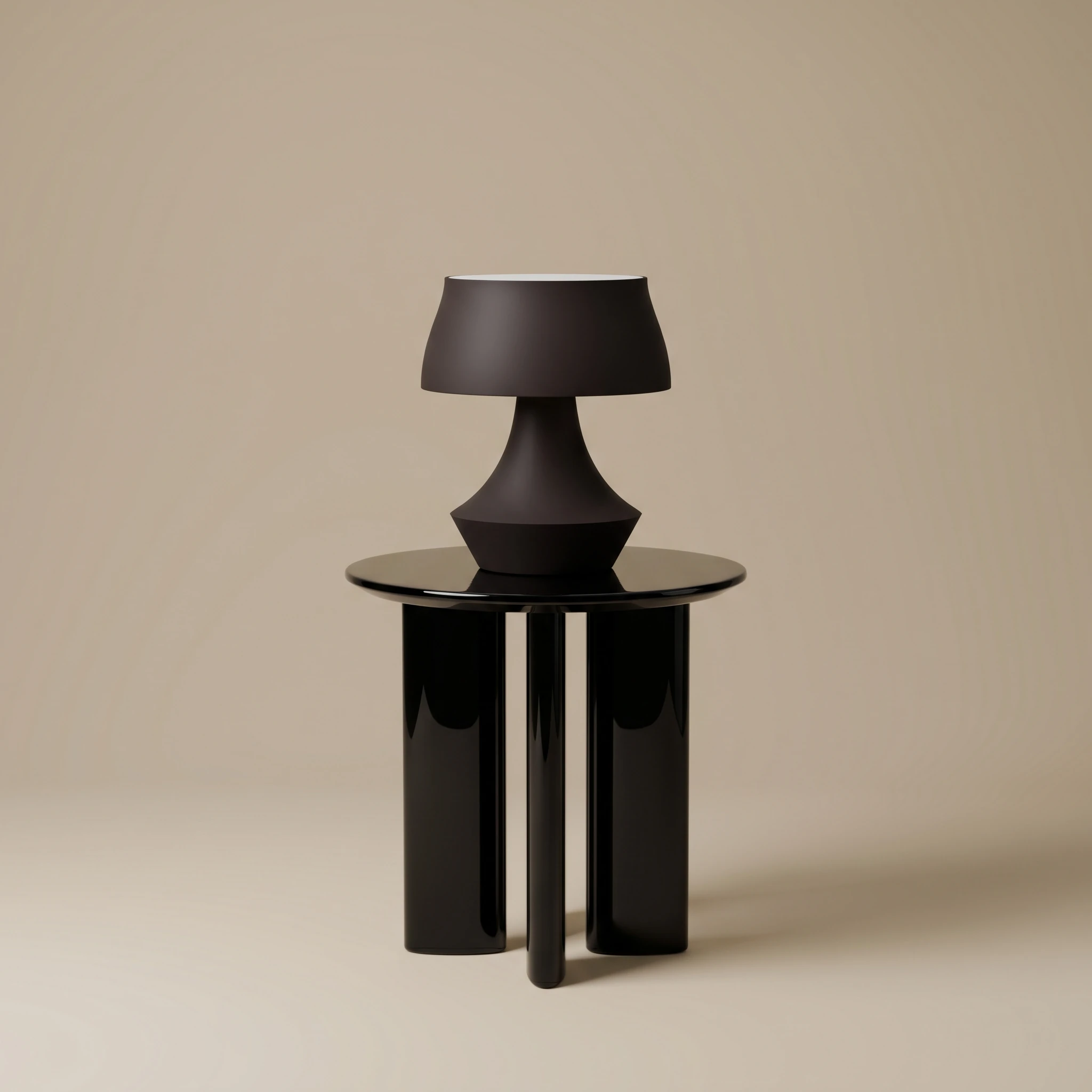 Nocturne table lamp in matte Dark Espresso on a glossy dark side table, wide studio view.