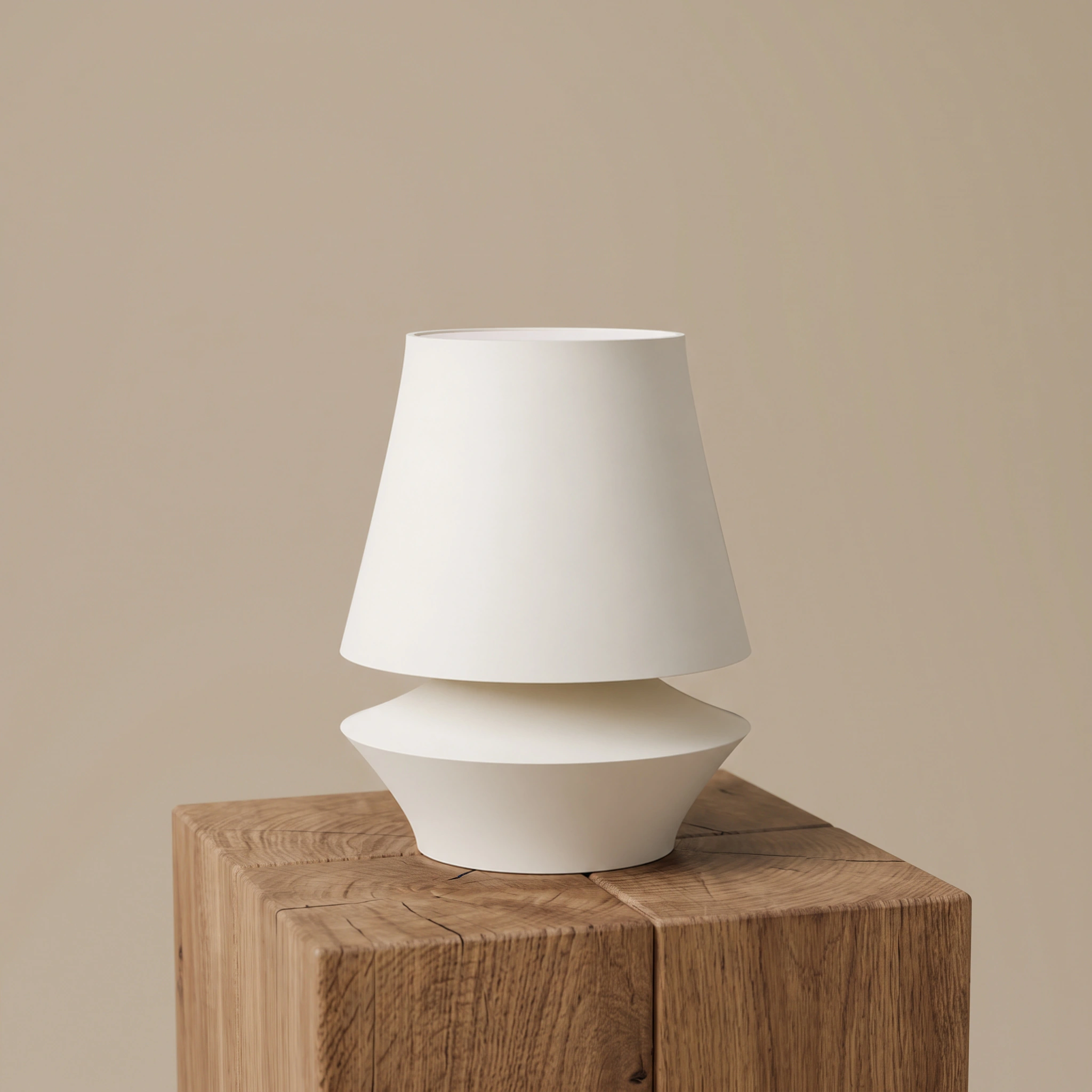 Staccato table lamp in matte Cream on a natural wood side table, hero studio view.
