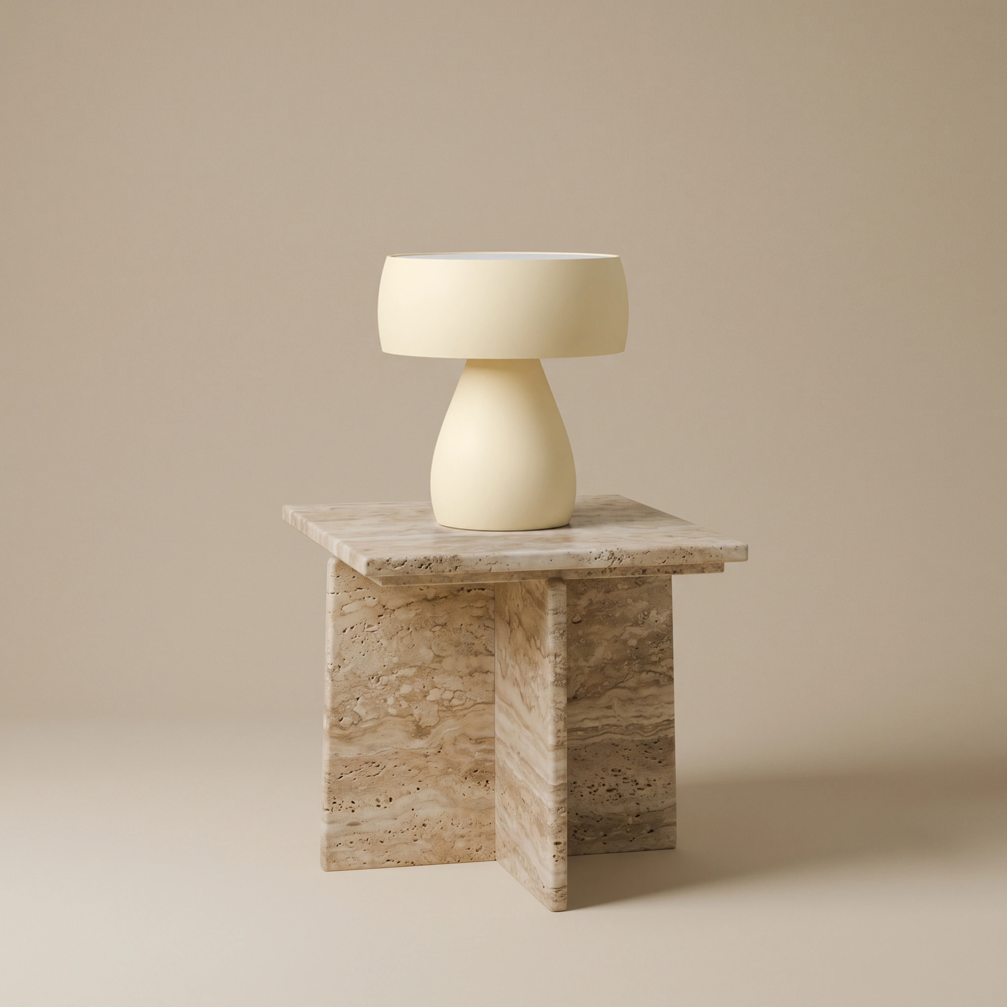 Sway table lamp in matte Butter on a textured beige stone side table, wide studio view.